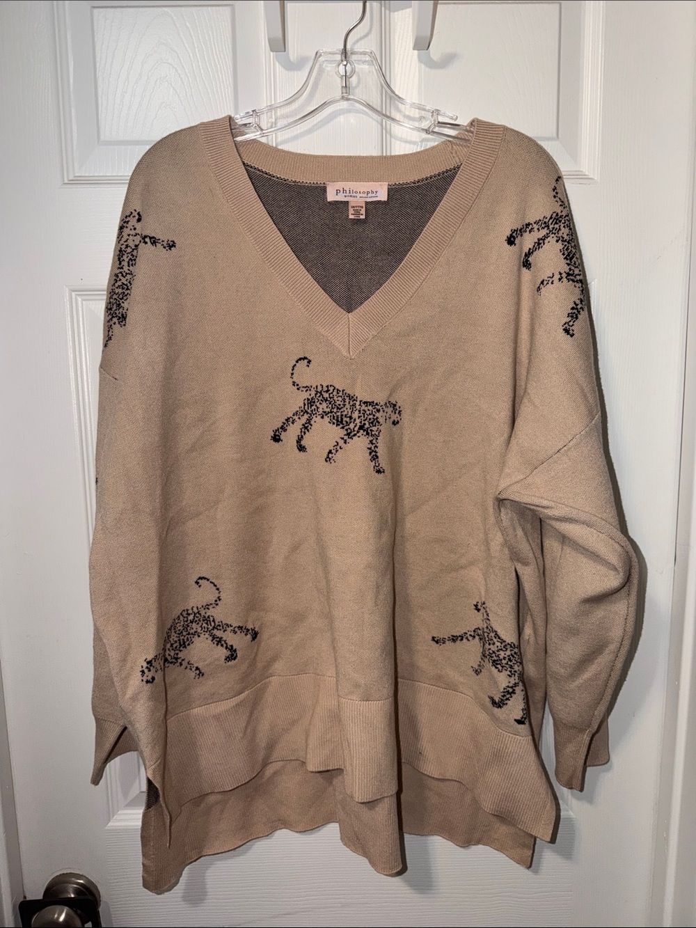 Philosophy Beige V-Neck Sweater with Black Leopard Accents
